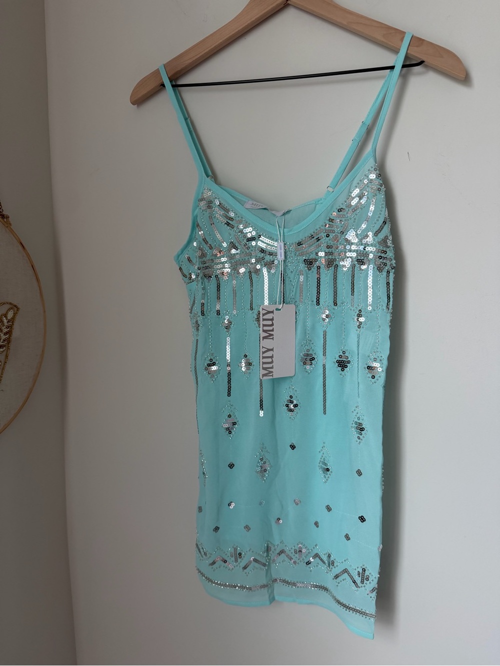 Aqua blue silver beaded sequins camisole tank top with slits